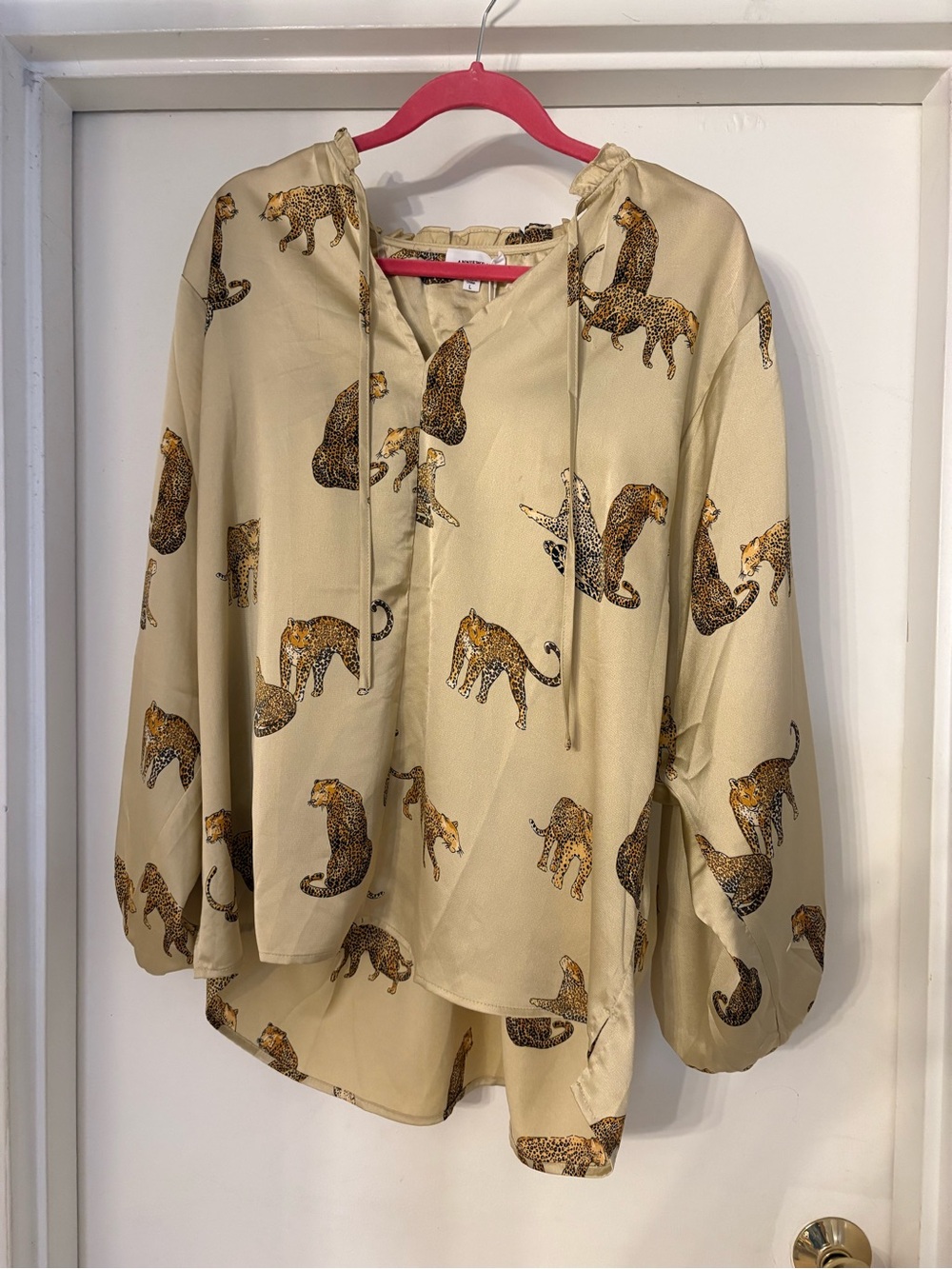 Leopard-Print Beige V-Neck Blouse with Drawstring